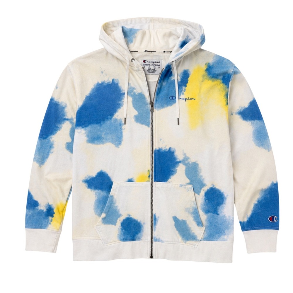 Champion Women Blue Yellow‎ Tie Dye Full Zip Hoodie Sweatshirt 2X Cloud Wash